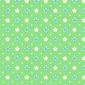 Little Blue and White Flowers - on green