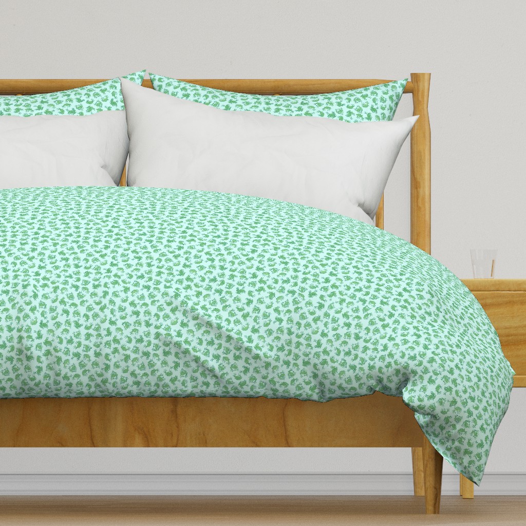 small serene frogs - green on light blue