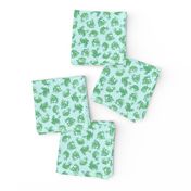 small serene frogs - green on light blue