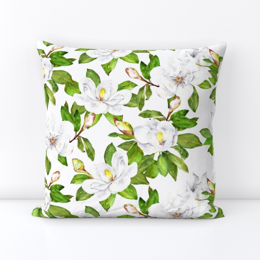 Magnolia Flowers, Bright White, Large Floral Print