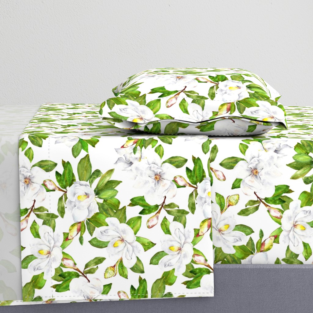 Magnolia Flowers, Bright White, Large Floral Print