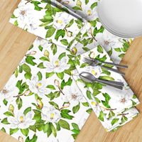 Magnolia Flowers, Bright White, Large Floral Print