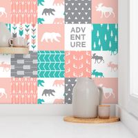 adventure woodland wholecloth  || pink,coral,grey, turquoise C18BS