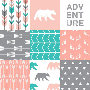 adventure woodland wholecloth  || pink,coral,grey, turquoise C18BS