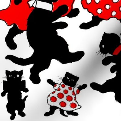 dancing black cats kittens red dresses white polka dots bows ribbons anthropomorphic kawaii adorable children party standing