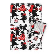 dancing black cats kittens red dresses white polka dots bows ribbons anthropomorphic kawaii adorable children party standing