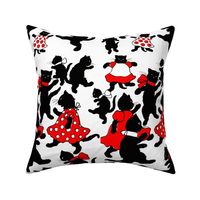 dancing black cats kittens red dresses white polka dots bows ribbons anthropomorphic kawaii adorable children party standing