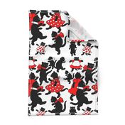 dancing black cats kittens red dresses white polka dots bows ribbons anthropomorphic kawaii adorable children party standing