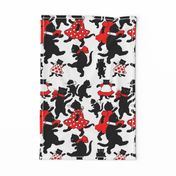 dancing black cats kittens red dresses white polka dots bows ribbons anthropomorphic kawaii adorable children party standing