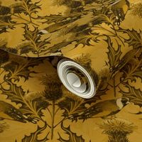 Yellow Maximalist Thistles Finches, Light Mustard Floral Background, Yellow Cottagecore Arts and Crafts Scottish Thistles Gold Birds, Highlands Birds Highland Floral, Timeless Appeal With Modern Touch, Artistic Floral Highlands Heritage, Scotland Goldfinc