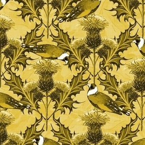 Yellow Maximalist Thistles Finches, Light Mustard Floral Background, Yellow Cottagecore Arts and Crafts Scottish Thistles Gold Birds, Highlands Birds Highland Floral, Timeless Appeal With Modern Touch, Artistic Floral Highlands Heritage, Scotland Goldfinc