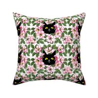 smiling black cats kittens heads face yellow eyes pink flowers floral leaf leaves kawaii
