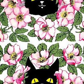 smiling black cats kittens heads face yellow eyes pink flowers floral leaf leaves kawaii