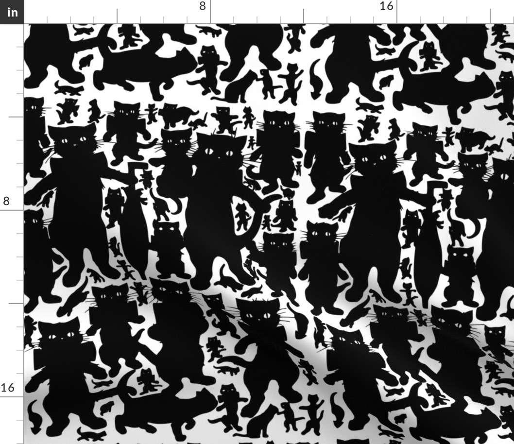 black cats kittens bows ribbons standing dancing umbrellas black white monochrome silhouette simple outlines shadows kawaii animals