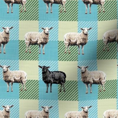 Black and White Sheep on Blue Yellow Green Gingham Check, Whimsical Farmhouse Pattern