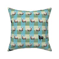 Black and White Sheep on Blue Yellow Green Gingham Check, Whimsical Farmhouse Pattern