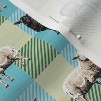 Black and White Sheep on Blue Yellow Green Gingham Check, Whimsical Farmhouse Pattern