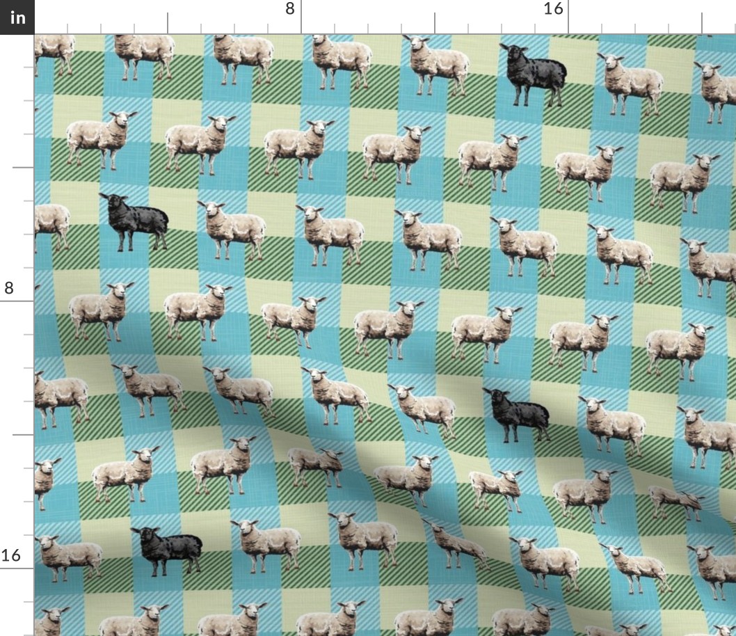 Black and White Sheep on Blue Yellow Green Gingham Check, Whimsical Farmhouse Pattern