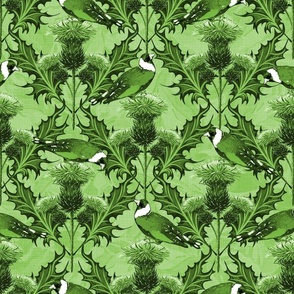 Vintage Green Thistles Scottish Flower, Green Floral Texture, Green Home Decor Native Birds Green Toile Finches, Green Monochrome Floral, Green Finch Birds,  Green Cottagecore Arts Crafts, Ornate Floral Scottish Thistle, Decorative Arts Crafts Thistle Flo