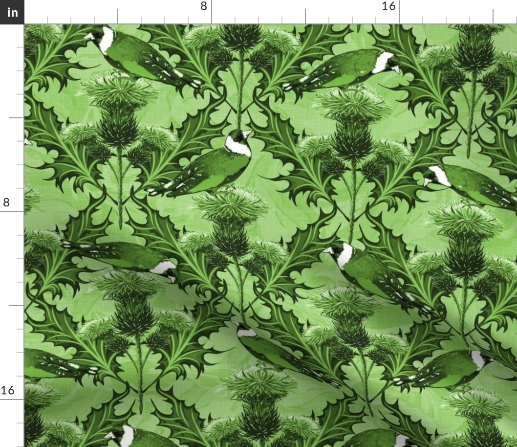 Vintage Green Thistles Scottish Flower, Green Floral Texture, Green Home Decor Native Birds Green Toile Finches, Green Monochrome Floral, Green Finch Birds,  Green Cottagecore Arts Crafts, Ornate Floral Scottish Thistle, Decorative Arts Crafts Thistle Flo