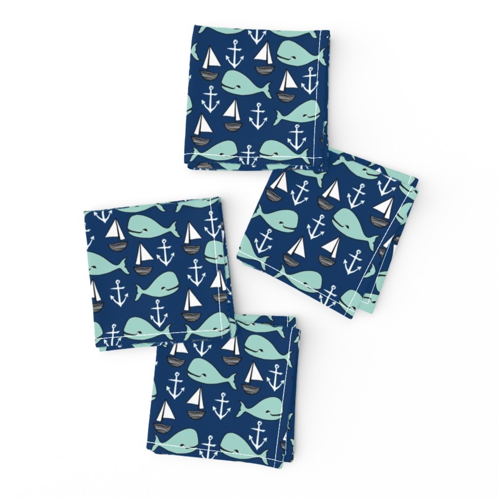 nautical whales // mint and navy blue whale sailboat anchors fabric anchor design cute baby nursery andrea lauren fabric