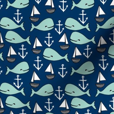 nautical whales // mint and navy blue whale sailboat anchors fabric anchor design cute baby nursery andrea lauren fabric