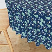 nautical whales // mint and navy blue whale sailboat anchors fabric anchor design cute baby nursery andrea lauren fabric