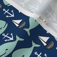 nautical whales // mint and navy blue whale sailboat anchors fabric anchor design cute baby nursery andrea lauren fabric