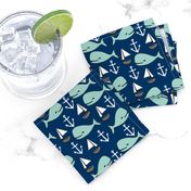 nautical whales // mint and navy blue whale sailboat anchors fabric anchor design cute baby nursery andrea lauren fabric