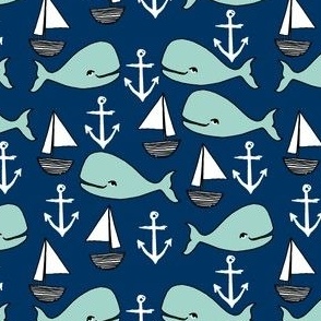 nautical whales // mint and navy blue whale sailboat anchors fabric anchor design cute baby nursery andrea lauren fabric