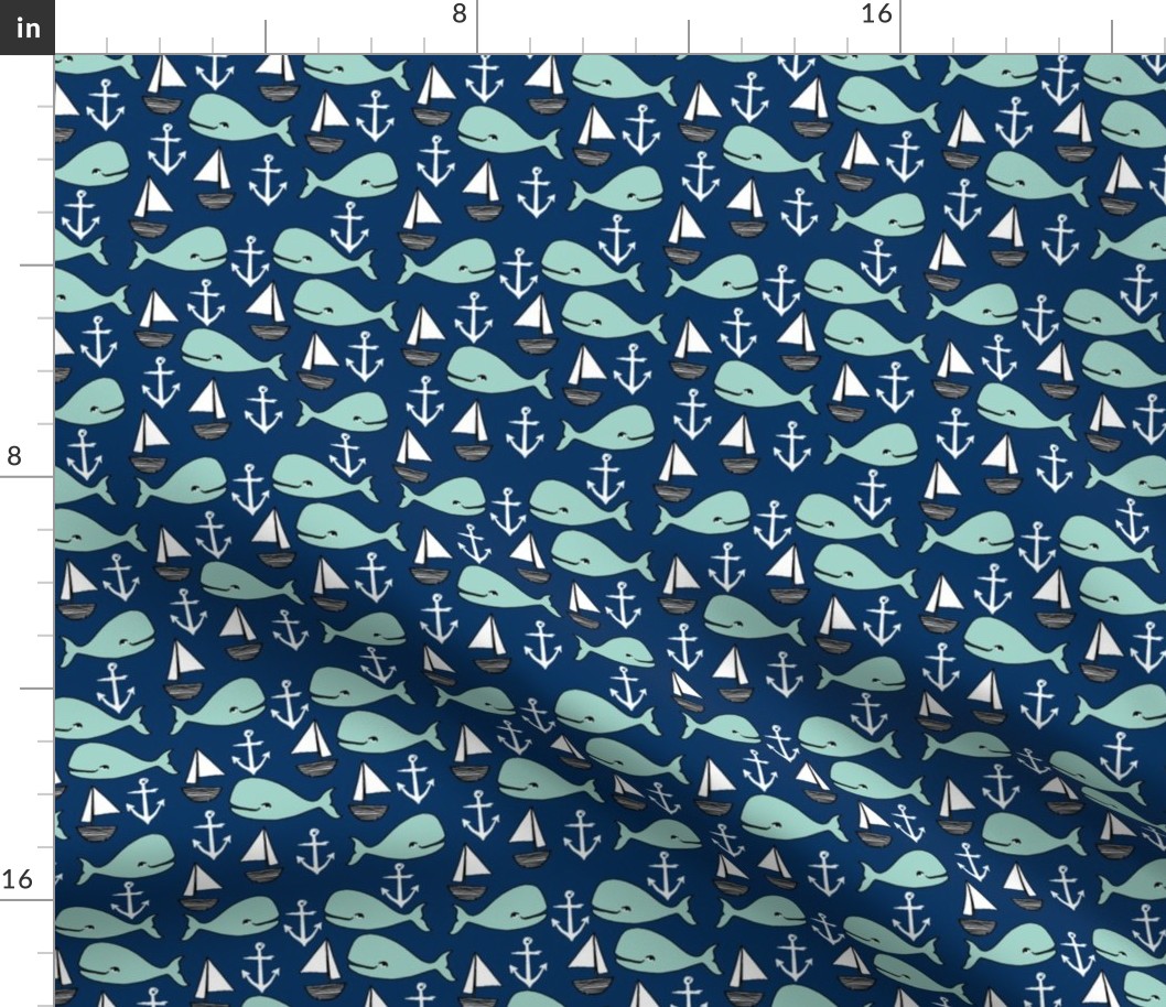 nautical whales // mint and navy blue whale sailboat anchors fabric anchor design cute baby nursery andrea lauren fabric