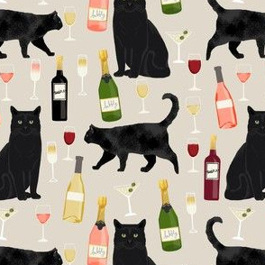 black cat wine fabric cute rose  and cats fabric kitty cat fabric cat lady fabric - beige