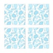 Leafy pattern pastel light blue on white