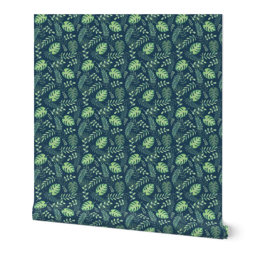 Leafy pattern light green on navy