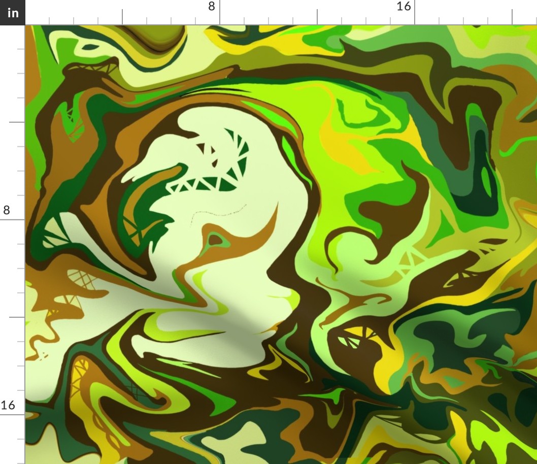 BN5 - LG - Abstract Marbled  Mystery  in  Brown - Forest Green - Lime - Olive - Yellow
