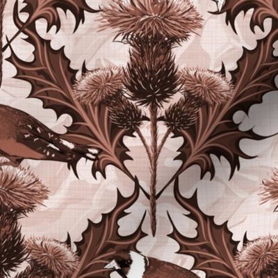Sepia Finch Native Birds, Scottish Thistle Light Brown Floral, Russet Brown Background, Cottagecore Thistles, Sepia Tones Vintage Flora, Brown Finches Monochrome Background