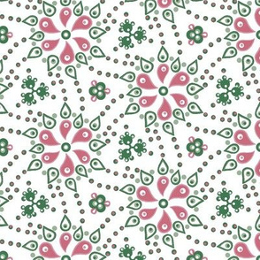 Quilters paisley - pink green on white