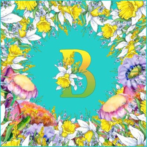 LETTER B MONOGRAM DAFFODILS WATERCOLOR FLOWERS TURQUOISE