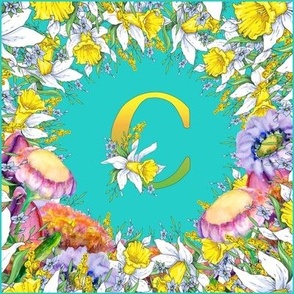 LETTER C MONOGRAM DAFFODILS WATERCOLOR FLOWERS TURQUOISE