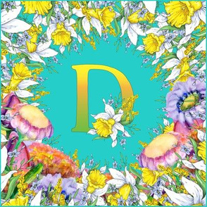 LETTER D MONOGRAM DAFFODILS WATERCOLOR FLOWERS TURQUOISE