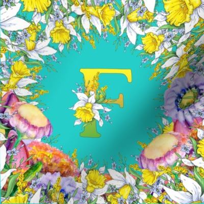 LETTER F MONOGRAM DAFFODILS WATERCOLOR FLOWERS TURQUOISE