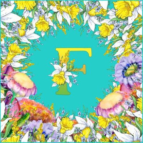LETTER F MONOGRAM DAFFODILS WATERCOLOR FLOWERS TURQUOISE