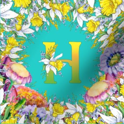 LETTER H MONOGRAM DAFFODILS WATERCOLOR FLOWERS TURQUOISE