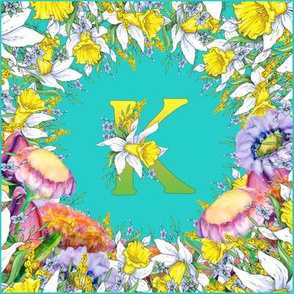 LETTER K MONOGRAM DAFFODILS WATERCOLOR FLOWERS TURQUOISE