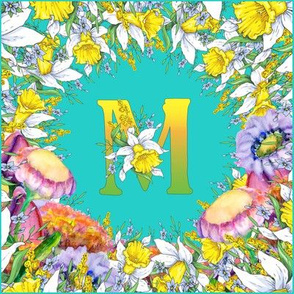 LETTER M MONOGRAM DAFFODILS WATERCOLOR FLOWERS TURQUOISE