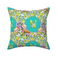 LETTER N MONOGRAM DAFFODILS WATERCOLOR FLOWERS TURQUOISE
