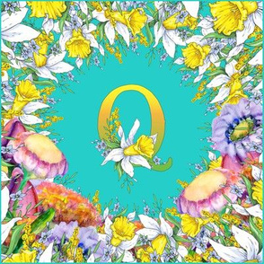 LETTER Q MONOGRAM DAFFODILS WATERCOLOR FLOWERS TURQUOISE