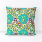 LETTER U MONOGRAM DAFFODILS WATERCOLOR FLOWERS TURQUOISE