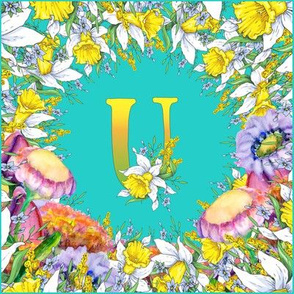 LETTER U MONOGRAM DAFFODILS WATERCOLOR FLOWERS TURQUOISE