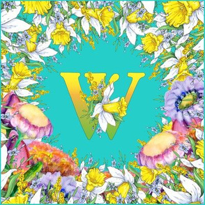 LETTER W MONOGRAM DAFFODILS WATERCOLOR FLOWERS TURQUOISE